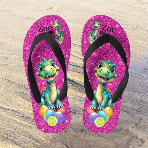 Cute little dinosaur with lots of colorful balloon kids flip flops