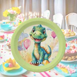 Cute little dinosaur with lots of colorful balloon paper plates