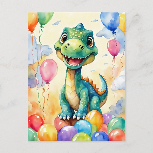 Cute little dinosaur with lots of colorful balloon postcard (Front)