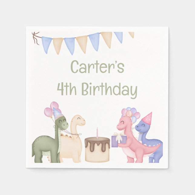 Cute Little Dinosaurs With Cake Child Birthday Napkins (Front)