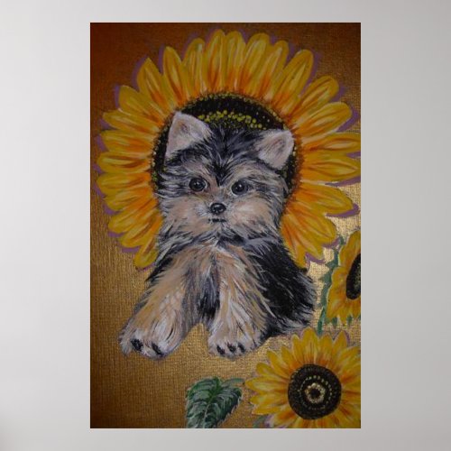 Cute Little Dog and Sunflowers Poster