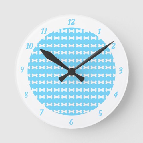 Cute Little Dog Bones Blue White Pattern Round Clock