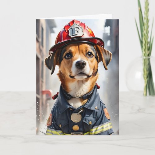 Cute Little Dog in Firefighter Uniform Watercolor Card
