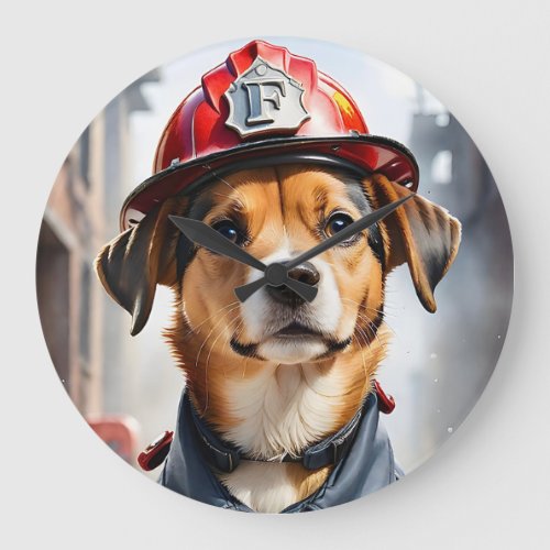 Cute Little Dog in Firefighter Uniform Watercolor Large Clock