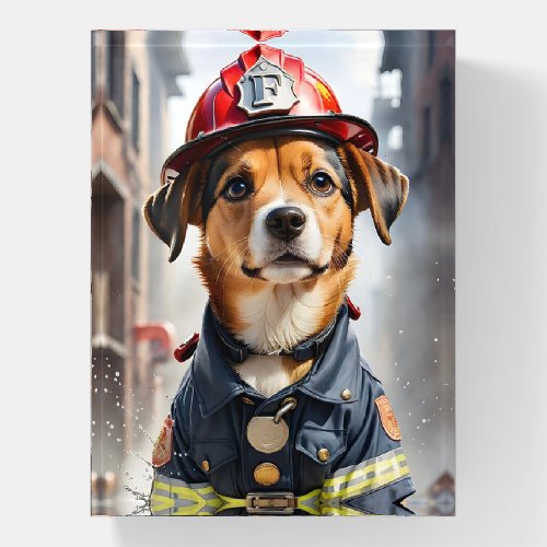 Cute Little Dog in Firefighter Uniform Watercolor Paperweight