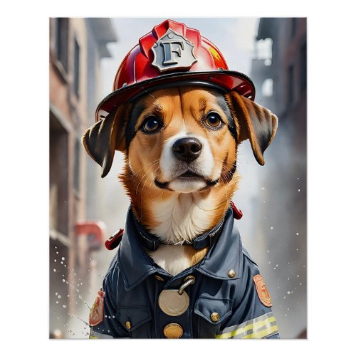 Cute Little Dog in Firefighter Uniform Watercolor Poster