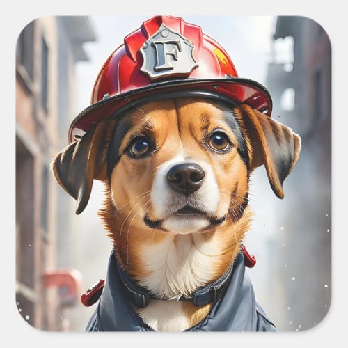 Cute Little Dog in Firefighter Uniform Watercolor Square Sticker
