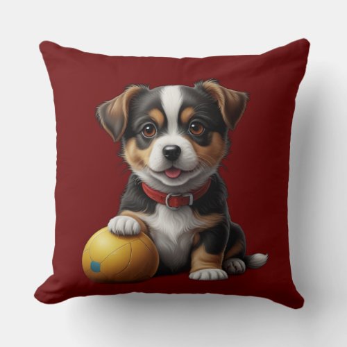 cute little dog with ball throw pillow