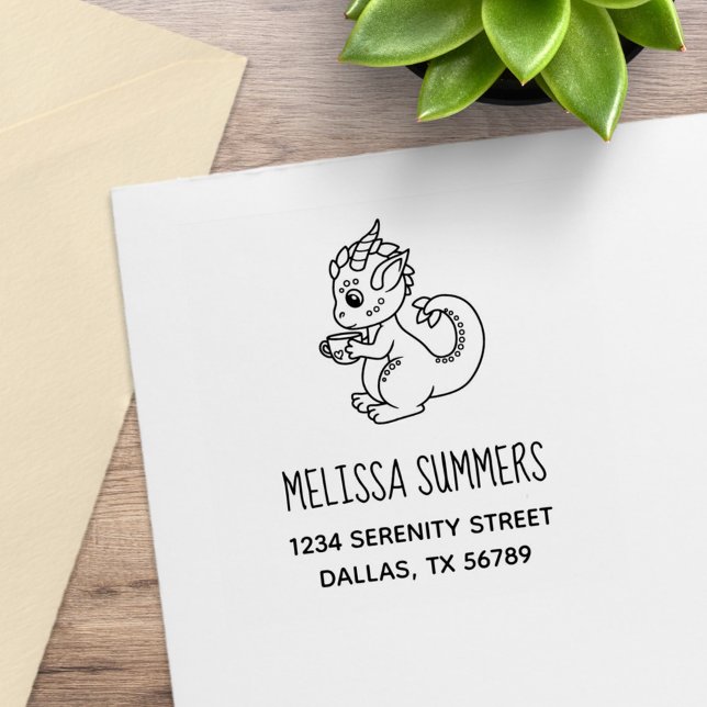 Cute Little Dragon Holding a Cup Address Rubber Stamp (Creator Uploaded)