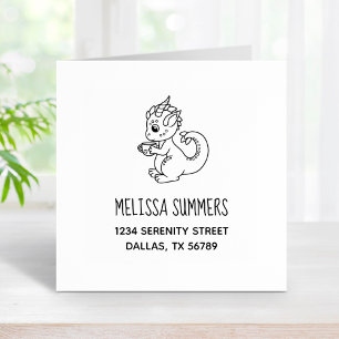 Cute Little Dragon Holding a Cup Address Rubber Stamp