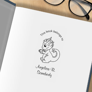 Cute Little Dragon Holding a Cup Bookplate Rubber Stamp