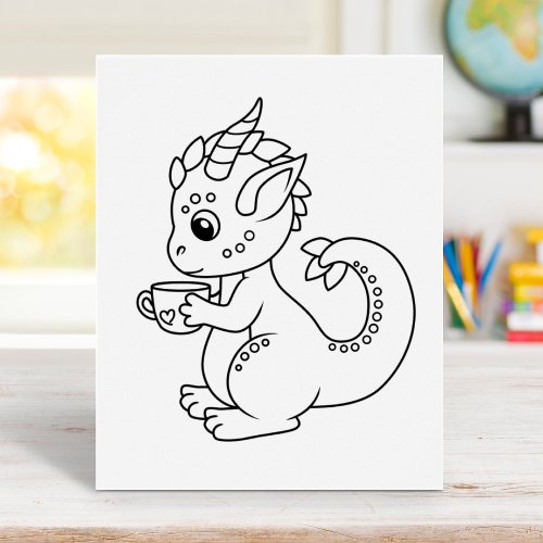 Cute Little Dragon Holding a Cup Coloring Page Poster
