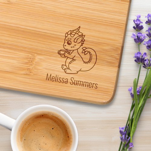 Cute Little Dragon Holding a Cup Custom Name Cutting Board