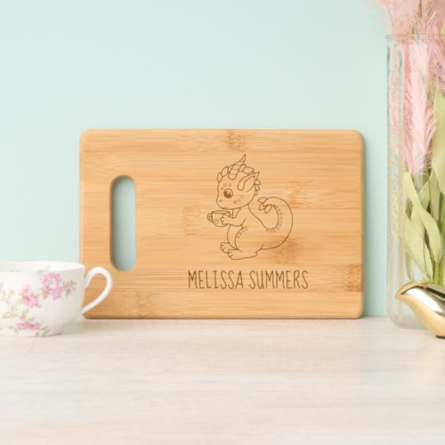 Cute Little Dragon Holding a Cup Custom Name Full Cutting Board