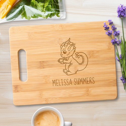 Cute Little Dragon Holding a Cup Custom Name Full Cutting Board