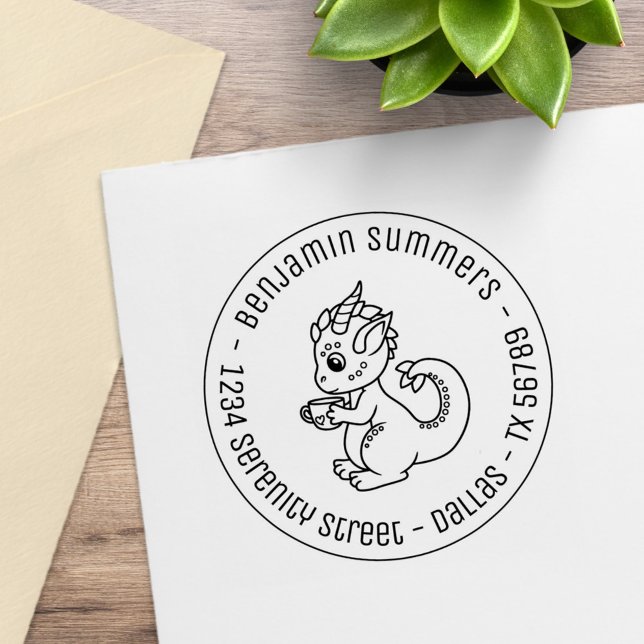 Cute Little Dragon Holding a Cup Round Address Rubber Stamp (Creator Uploaded)