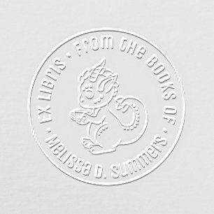 Cute Little Dragon Holding a Cup Round Bookplate Embosser
