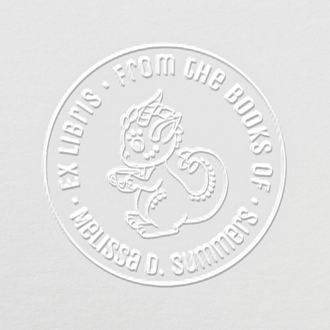 Cute Little Dragon Holding a Cup Round Bookplate Embosser (Design)