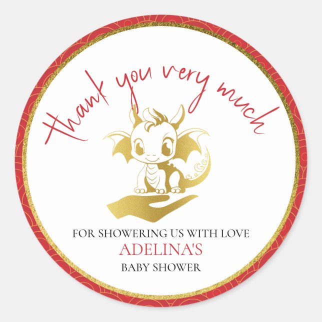 Cute Little Dragon Is On The Way Red Baby Shower Classic Round Sticker (Front)
