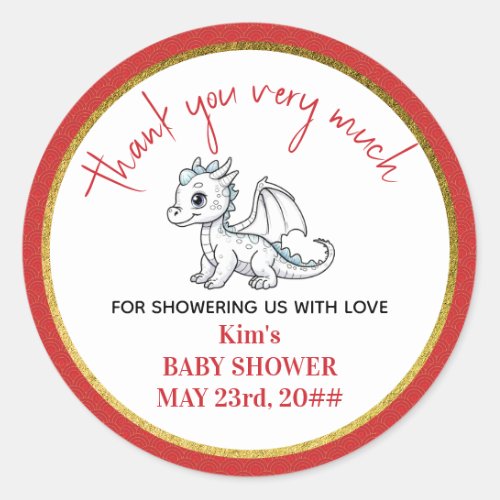 Cute Little Dragon Is On The Way Red Baby Shower Classic Round Sticker