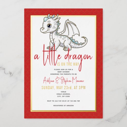 Cute Little Dragon Is On The Way Red Baby Shower Foil Invitation