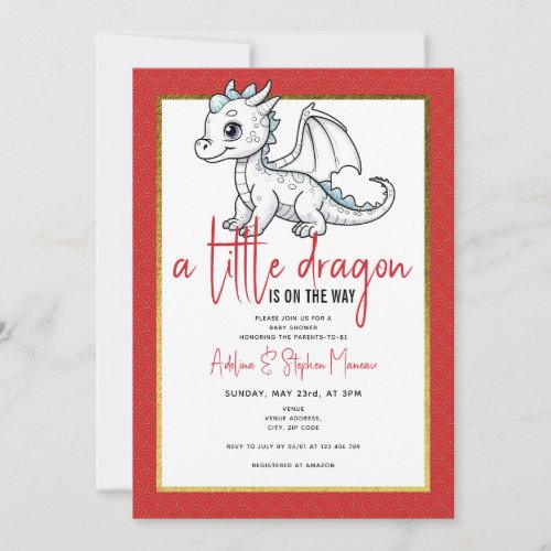 Cute Little Dragon Is On The Way Red Baby Shower Invitation