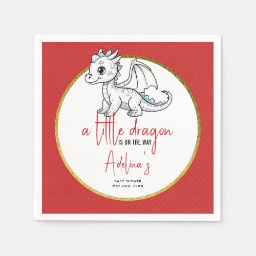 Cute Little Dragon Is On The Way Red Baby Shower Napkins