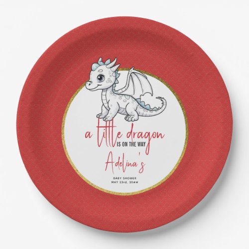 Cute Little Dragon Is On The Way Red Baby Shower Paper Plates