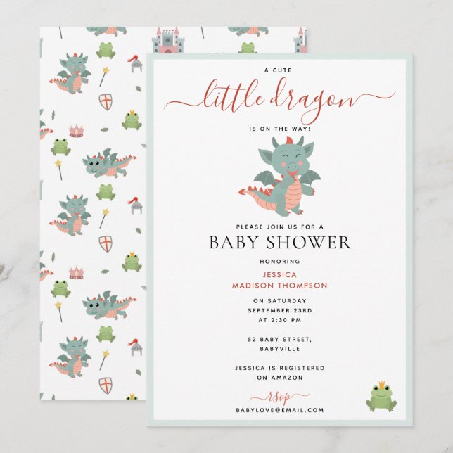 Cute Little Dragon On the Way Boy Baby Shower Invitation (Front/Back)