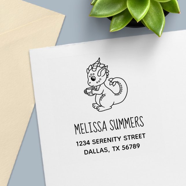Cute Little Dragon with a Teacup Address Self-inking Stamp (Creator Uploaded)