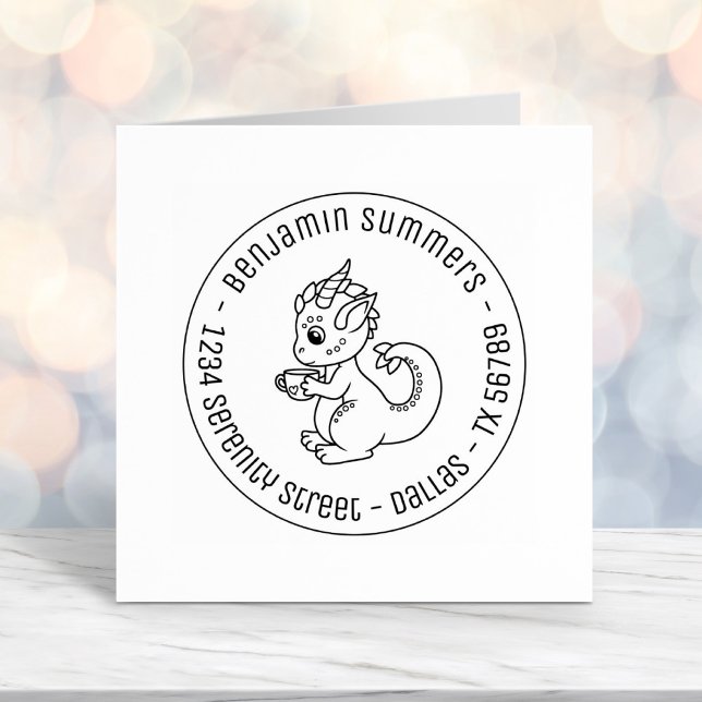 Cute Little Dragon with a Teacup Round Address Self-inking Stamp (Creator Uploaded)