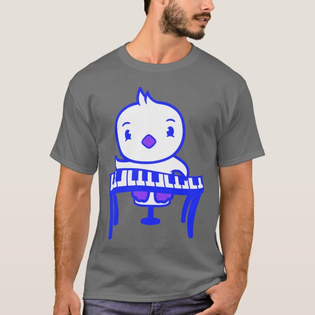 Cute Little Duck Chick Bird Playing Keyboard Music T-Shirt (Front)