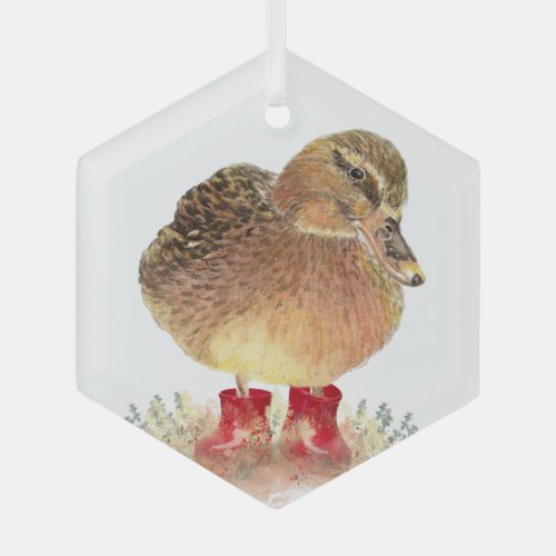 Cute Little Duck Ducky Red Rubber Boots Fun Glass Ornament