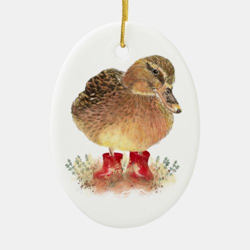 Cute Little Duck in Red Rubber Boots Fun Ceramic Ornament