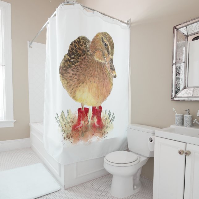 Cute Little Duck in Red Rubber Boots Fun Shower Curtain (In Situ)