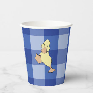 Cute Little Duckling Blue Gingham Baby Shower Paper Cups