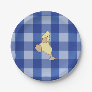 Cute Little Duckling Blue Gingham Baby Shower Paper Plates