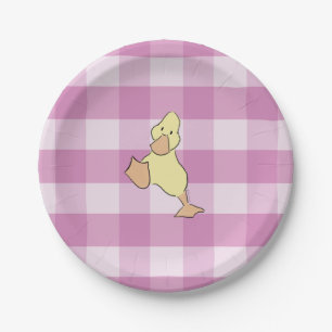Cute Little Duckling Pink Gingham Baby Shower Paper Plates