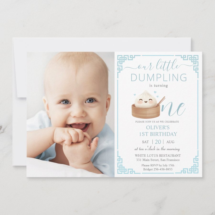 Cute Little Dumpling Blue 1st Birthday Photograph Invitation