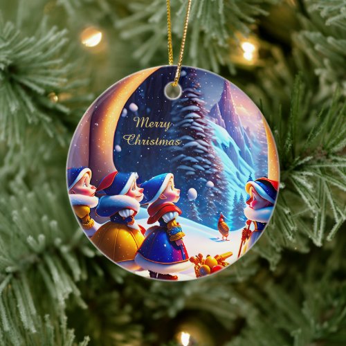 Cute little dwarfs expect Christmas Eve  Ceramic Ornament