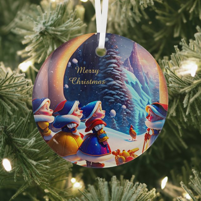 Cute little dwarfs expect Christmas Eve  Glass Ornament (Insitu)
