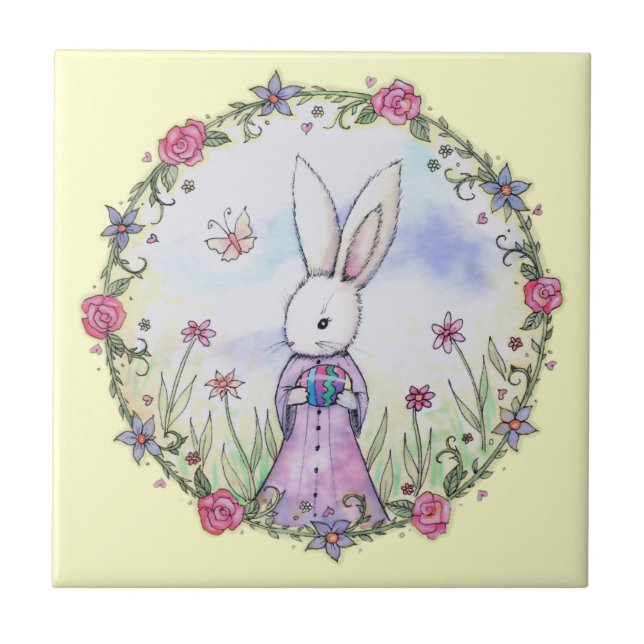 Cute Little Easter Bunny Illustration Ceramic Tile (Front)