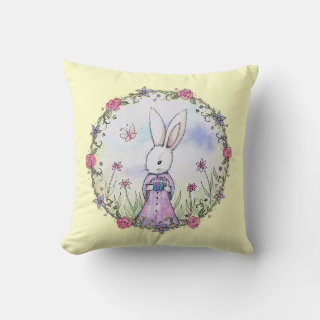 Cute Little Easter Bunny Rabbit in Flowers Throw Pillow (Front)
