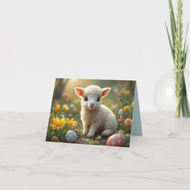 Cute little Easter lamb, crocus, Easter eggs,  Holiday Card (Front)