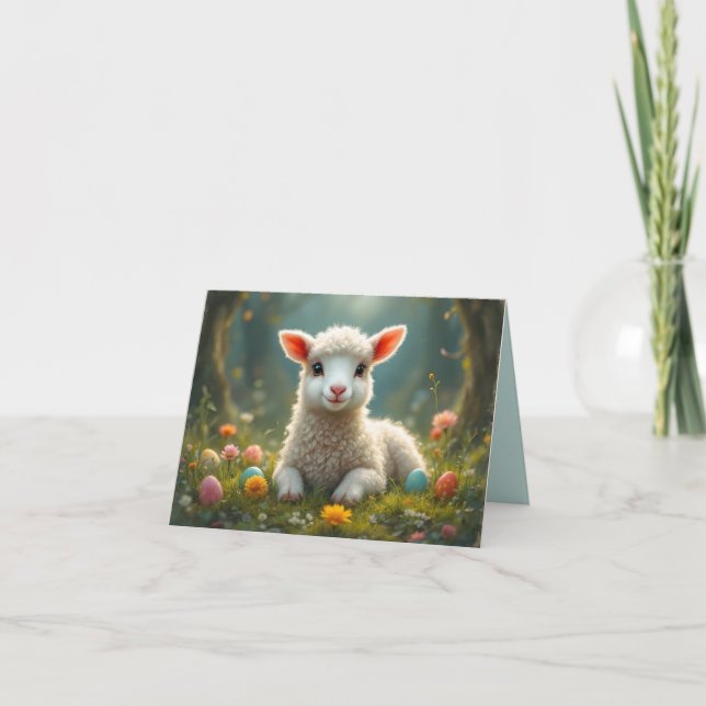 Cute little Easter lamb, forest, Easter eggs Holiday Card (Front)