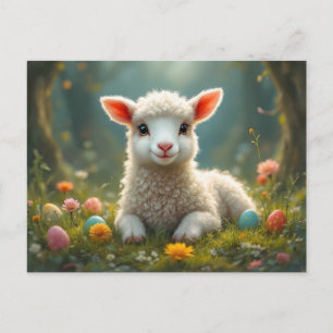 Cute little Easter lamb, forest, Easter eggs Holiday Postcard