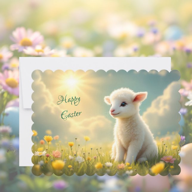 Cute little Easter lamb in a flower meadow Holiday Card (Creator Uploaded)