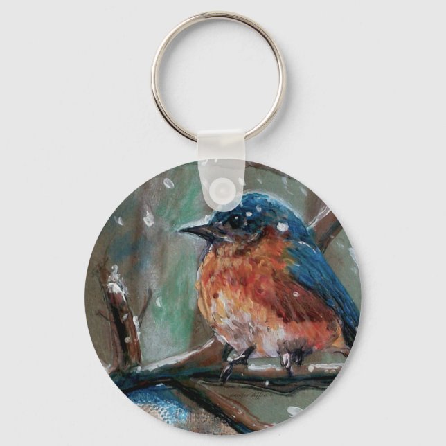 Cute Little Eastern Blue Bird Painting Winter Keychain (Front)