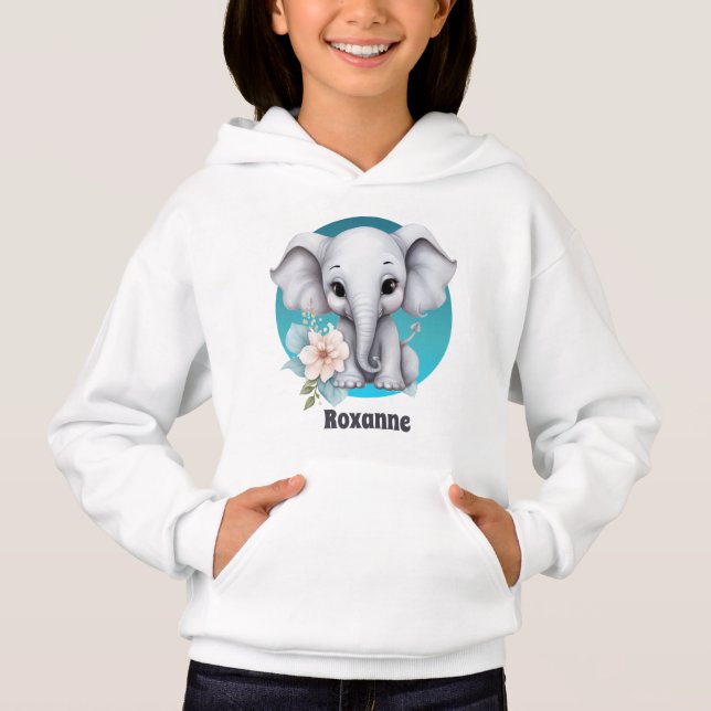 cute little elephant add name girls hoodie (Front)