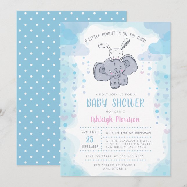 Cute Little Elephant & Baby Bunny Baby Boy Shower Invitation (Front/Back)